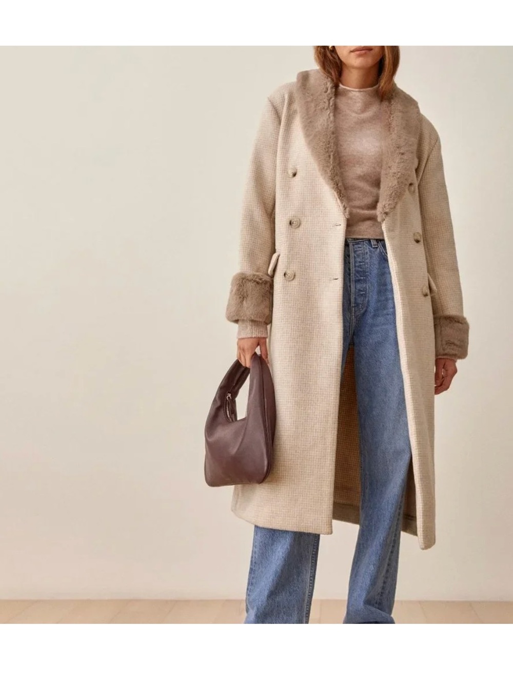 Reformation Cream Double-Breasted Faux-Fur Collar Pea Coat